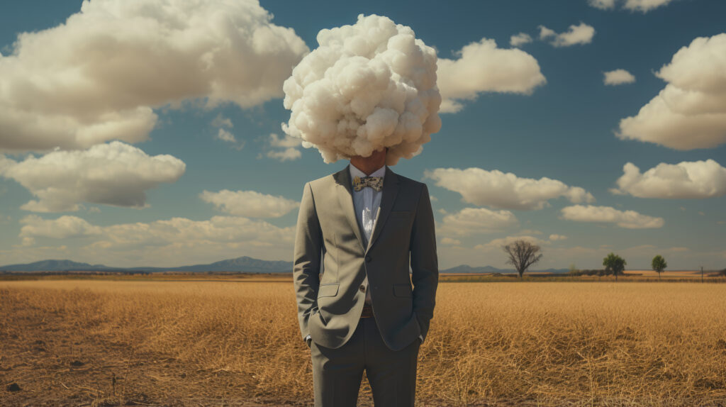 a man in a suit with a cloud of smoke over his head