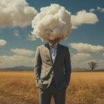 a man in a suit with a cloud of smoke over his head
